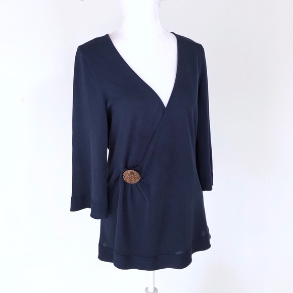 Escada Tops - Escada navy blue wrap top button bell sleeves 40/M